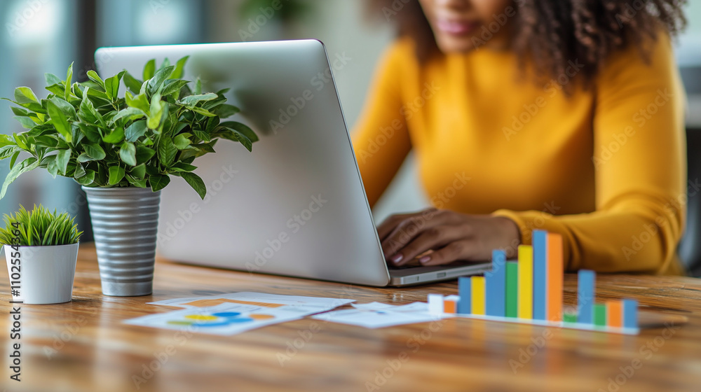 An African American woman in a yellow outfit is working on her laptop from home, sitting at a desk surrounded by graphs and financial statistics, symbolizing personal and professional growth An African American woman in a yellow outfit is working on her laptop from home, sitting at a desk surrounded by graphs and financial statistics, symbolizing personal and professional growth