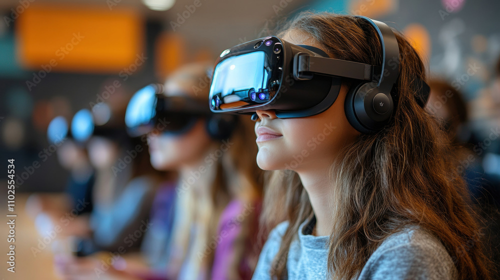 Students using virtual reality headsets in modern classroom, engaged in immersive learning experiences. atmosphere is focused and innovative, showcasing technology in education Students using virtual reality headsets in modern classroom, engaged in immersive learning experiences. atmosphere is focused and innovative, showcasing technology in education