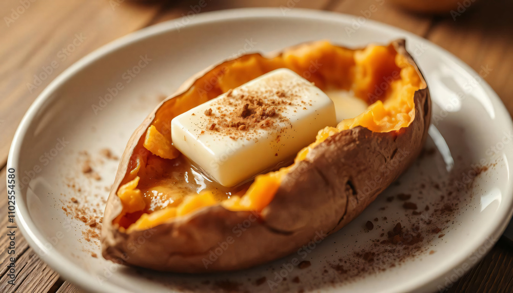 baked sweet potato with melted butter and a sprinkle of cinnamon baked sweet potato with melted butter and a sprinkle of cinnamon