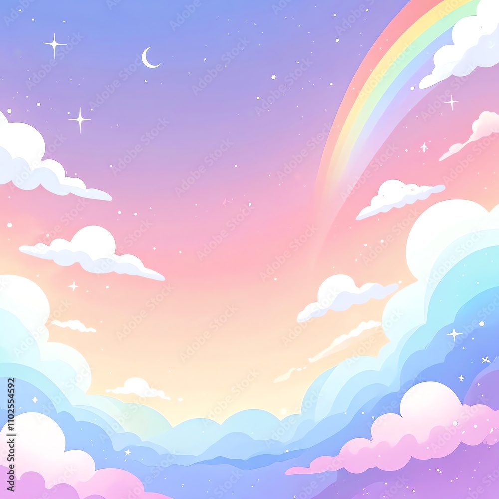 Pastel Rainbow Sky: Dreamy Cloudscape with Stars and Moon Pastel Rainbow Sky: Dreamy Cloudscape with Stars and Moon