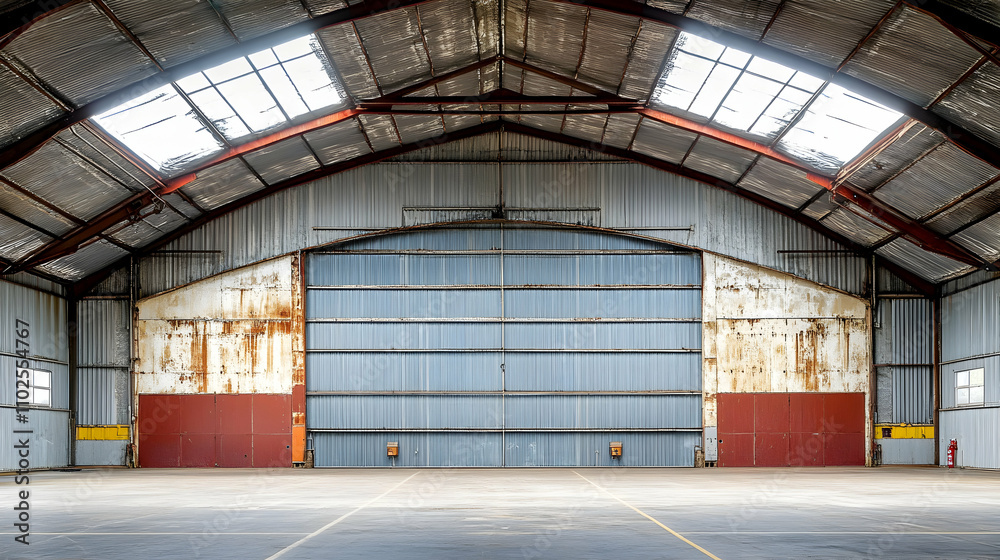 Fototapeta premium Vast Industrial Hangar, Rusty Walls, Metal Doors, and Skylights Illuminate a Spacious Interior.