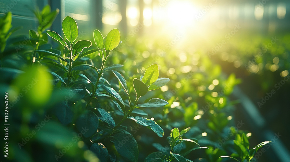 close up of vibrant green plants in greenhouse, illuminated by sunlight, creating serene and refreshing atmosphere close up of vibrant green plants in greenhouse, illuminated by sunlight, creating serene and refreshing atmosphere