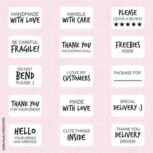 Set of stickers for thermal printers. For small businesses, marketing, packaging, crafts. Label bundle. Text, handwriting, 4x6 inches, printable.