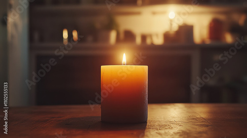 Candle Aroma therapy. A warm candle glows softly on a wooden surface, casting a tranquil ambiance in a dimly lit space, evoking feelings of relaxation and coziness.