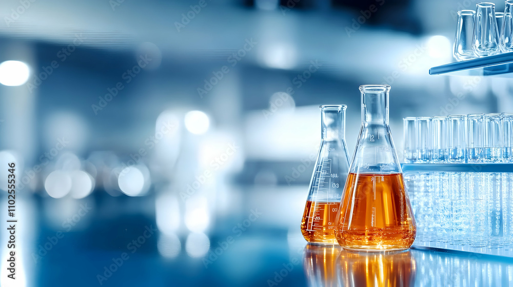 Laboratory Erlenmeyer Flasks with Amber Liquid, Scientific Research and Experimentation in a Modern Lab Setting Laboratory Erlenmeyer Flasks with Amber Liquid, Scientific Research and Experimentation in a Modern Lab Setting