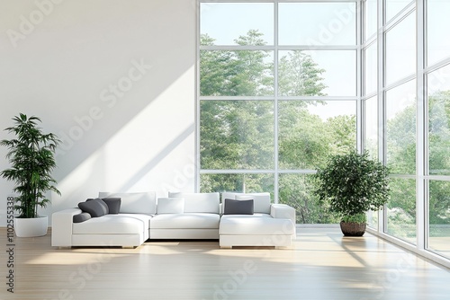 Bright modern living room with large windows, white sofa, and minimalist decor.
