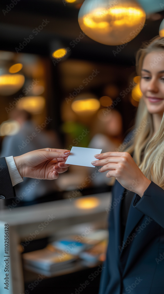 A close-up shot of a woman's hands exchanging a business card during a conference or meeting highlights the professional atmosphere and networking opportunities