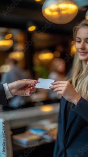 A close-up shot of a woman's hands exchanging a business card during a conference or meeting highlights the professional atmosphere and networking opportunities