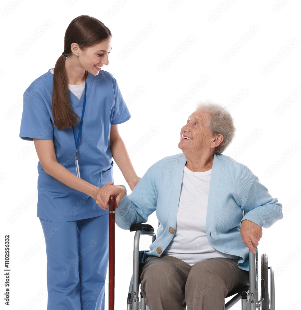 Caregiver assisting senior woman in wheelchair on white background. Home health care service Caregiver assisting senior woman in wheelchair on white background. Home health care service