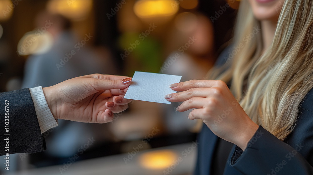 A close-up shot of a woman's hands exchanging a business card during a conference or meeting highlights the professional atmosphere and networking opportunities