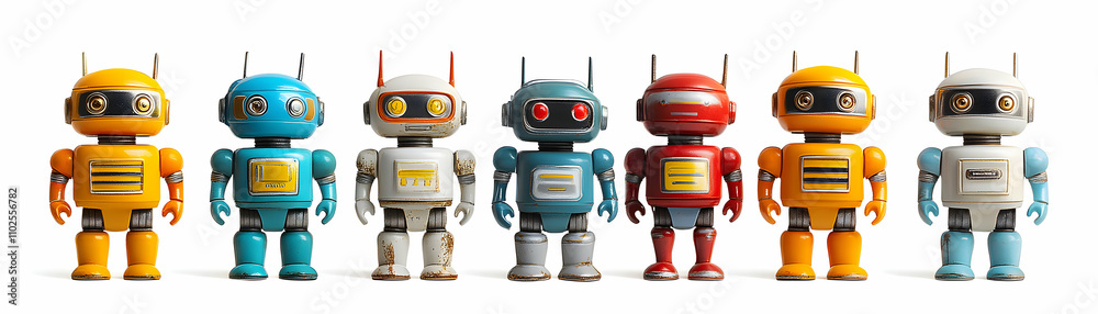 Fototapeta premium Retro Robot Collection, A Row of Vintage Bots Standing Together in a Colorful Display