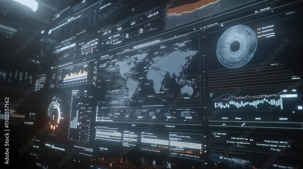 Obraz premium Futuristic data dashboard displaying global statistics and analytics.