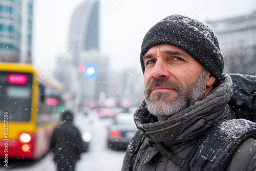 A ruggedly bearded man stands in a snowy city, surrounded by bustling traffic and a hint of winter chill, showcasing resilience and determination. photo