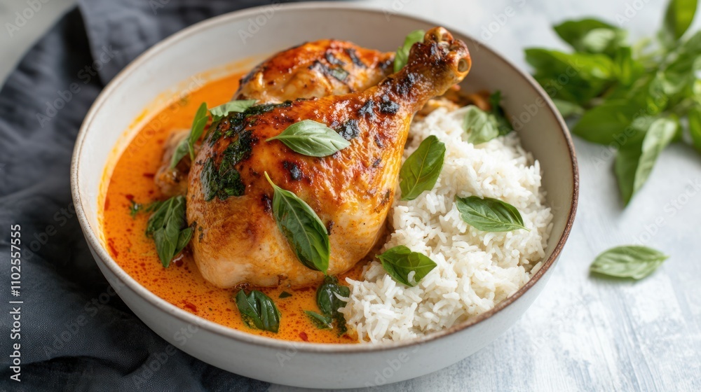 A whole chicken simmered in Thai red curry, served with coconut rice and garnished with fresh Thai basil A whole chicken simmered in Thai red curry, served with coconut rice and garnished with fresh Thai basil