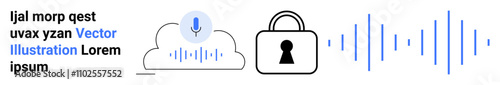Cloud with a microphone icon beside sound waves and a padlock, representing voice recognition for secure cloud storage. Ideal for cybersecurity, cloud computing, data privacy, technology, innovation