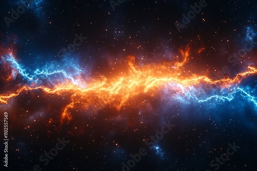 Bright lightning flash bolt or thunderbolt on dark night blue and red sky. Battle, confrontation, fight concept. VS background with thunderstorm effect for sport games, match, tournament