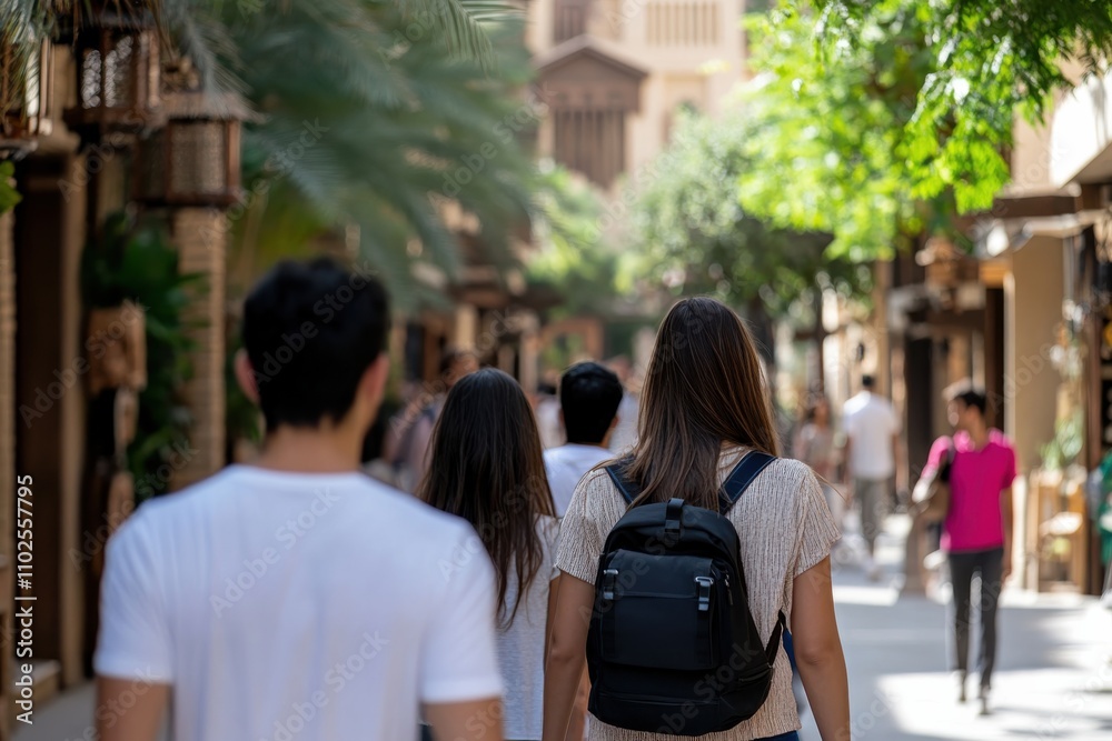 A casual daytime scene of a group of friends strolling through lively city streets, engaging with their surroundings and enjoying a vibrant atmosphere in a chic urban setting.