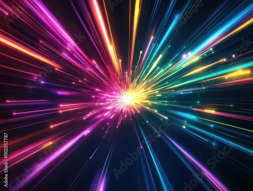 Pulsating beams of light radiating from a central vortex, dynamic composition, vibrant spectrum, dark backdrop