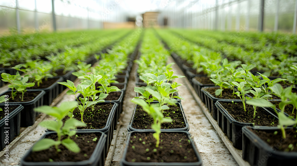 Greenhouse Rows of Seedlings, Young Plants Growing in Pots, Vibrant Green Sprouts Thriving in a Controlled Environment, Cultivating New Life in Spring. Greenhouse Rows of Seedlings, Young Plants Growing in Pots, Vibrant Green Sprouts Thriving in a Controlled Environment, Cultivating New Life in Spring.