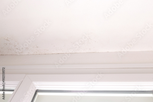 Ceiling near window frame with mold spots and moisture damage on white textured surface, indoor air quality issue, concept for awareness and prevention excessive moisture in apartment mildewed walls, photo