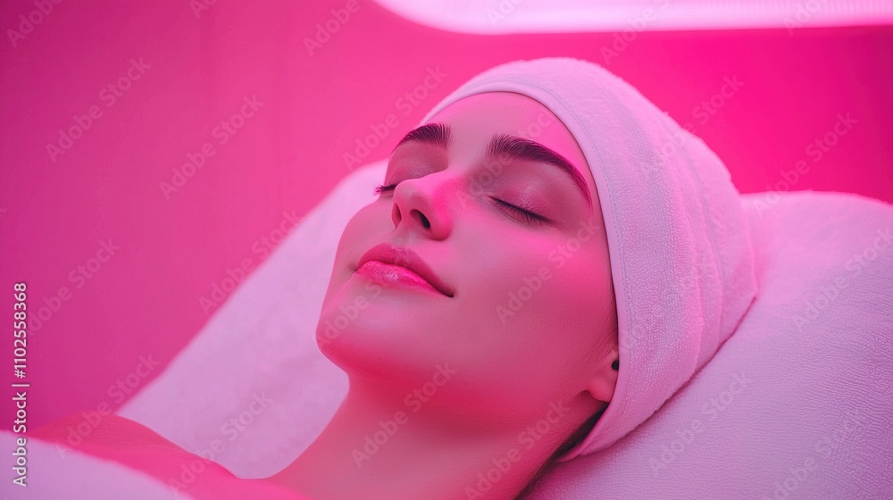 A serene woman relaxes with her eyes closed, surrounded by soothing pink light in a spa-like setting, emphasizing tranquility and wellness.