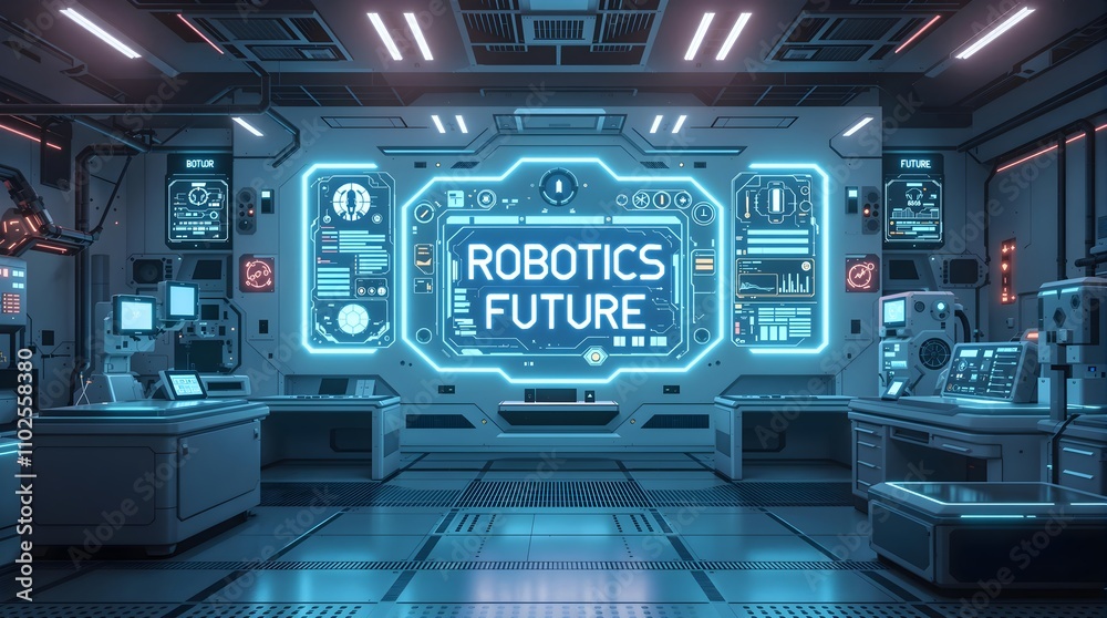 Futuristic Robotics Lab Featuring Glowing Systems and the Display Futuristic Robotics Lab Featuring Glowing Systems and the Display