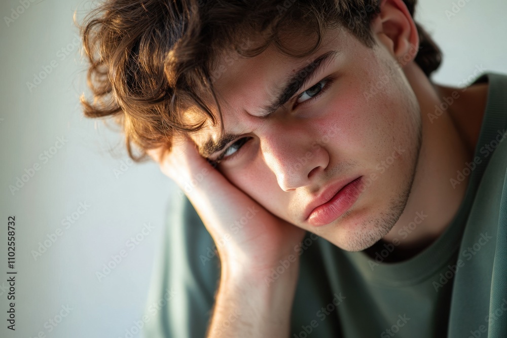 Close-up photo of a young man at home, holding his cheek and suffering from a severe toothache Close-up photo of a young man at home, holding his cheek and suffering from a severe toothache