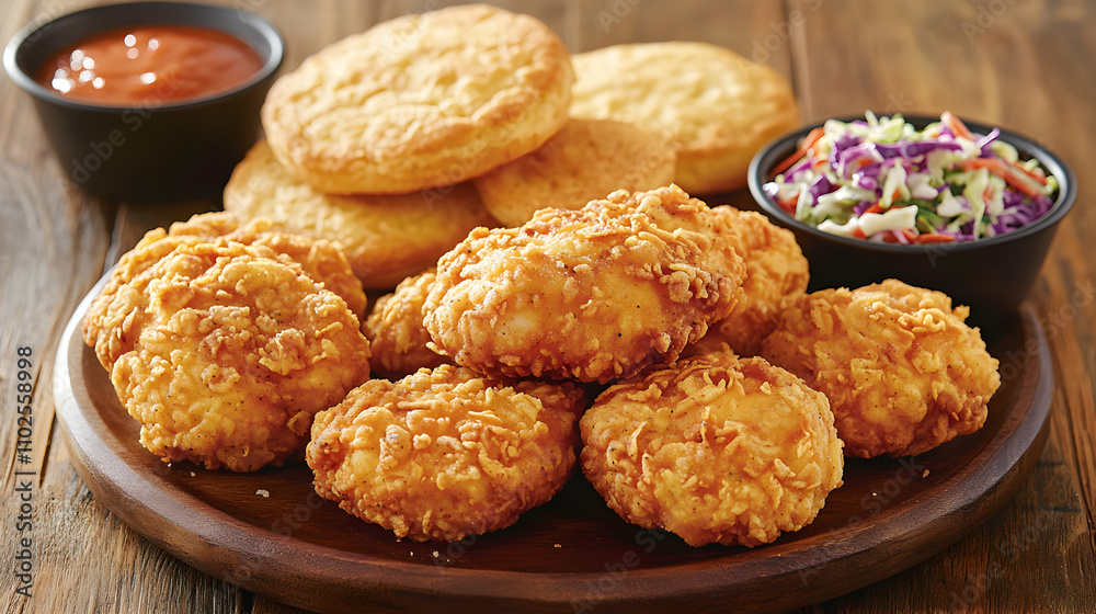 Crispy Fried Chicken Nuggets with Biscuits and Coleslaw, A Delicious Meal Crispy Fried Chicken Nuggets with Biscuits and Coleslaw, A Delicious Meal
