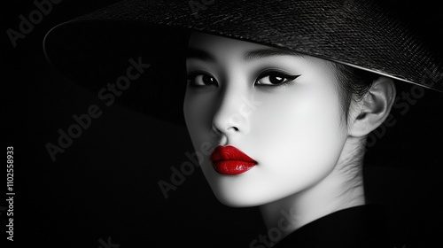 A striking black-and-white portrait of a woman with bold red lips and an elegant hat, exuding a sense of mystery and sophistication.