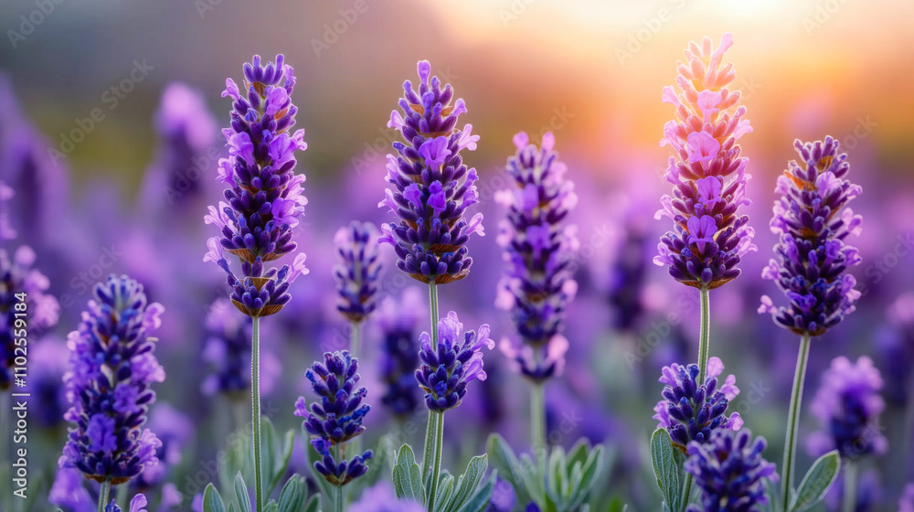 Fototapeta premium Lavender flowers blooming in a field at sunset