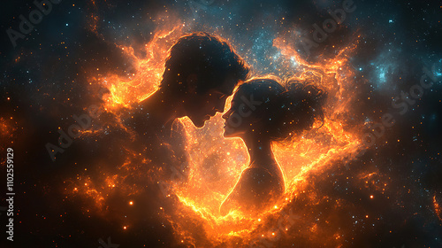 Couple embracing in a cosmic backdrop with vibrant colors and glowing energy during a celestial moment. Generative AI