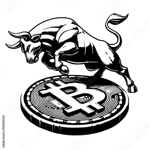Golden bull atop a Bitcoin coin, symbolizing bullish cryptocurrency markets, financial growth, digital wealth, and blockchain-driven innovation in the decentralized economy. Powerful icon of optimism
