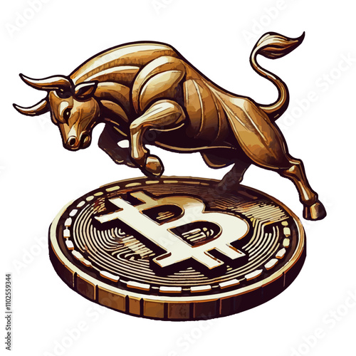 Golden bull atop a Bitcoin coin, symbolizing bullish cryptocurrency markets, financial growth, digital wealth, and blockchain-driven innovation in the decentralized economy. Powerful icon of optimism