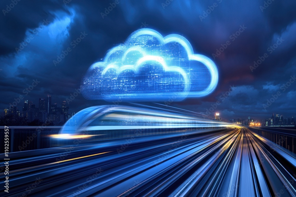 cloud computing with a speeding train on a city background cloud computing with a speeding train on a city background