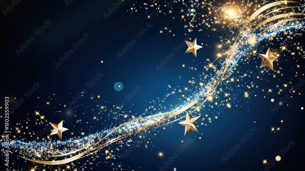 Naklejka premium Golden garland of stars and sparkles created for a festive celebration in a night sky