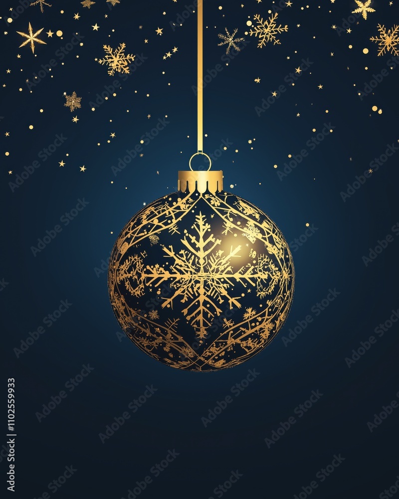 Gold ornament with snowflake design hangs against a dark blue backdrop, creating a festive Christmas atmosphere Gold ornament with snowflake design hangs against a dark blue backdrop, creating a festive Christmas atmosphere
