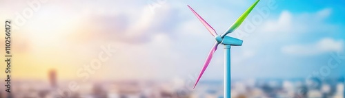 Tiny wind turbines on rooftops in an ecofriendly watercolorpainted community photo