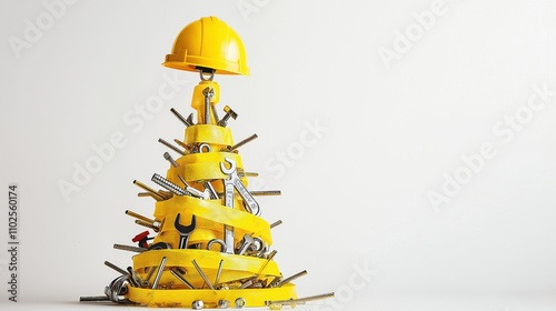 Creative builder-themed Christmas tree constructed with tools and safety gear for holiday celebration