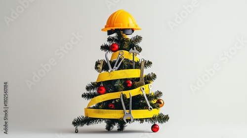Creative Christmas tree designed for builders featuring safety gear and tools
