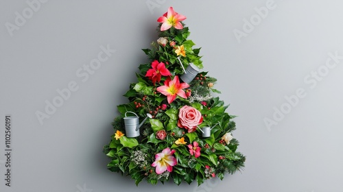 Unique Christmas tree decoration made from fresh flowers and greenery for a florist\'s holiday display photo