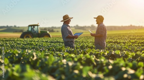 Two farmers chat in a sunny field, showcasing collaboration amid green crops and clear skies.