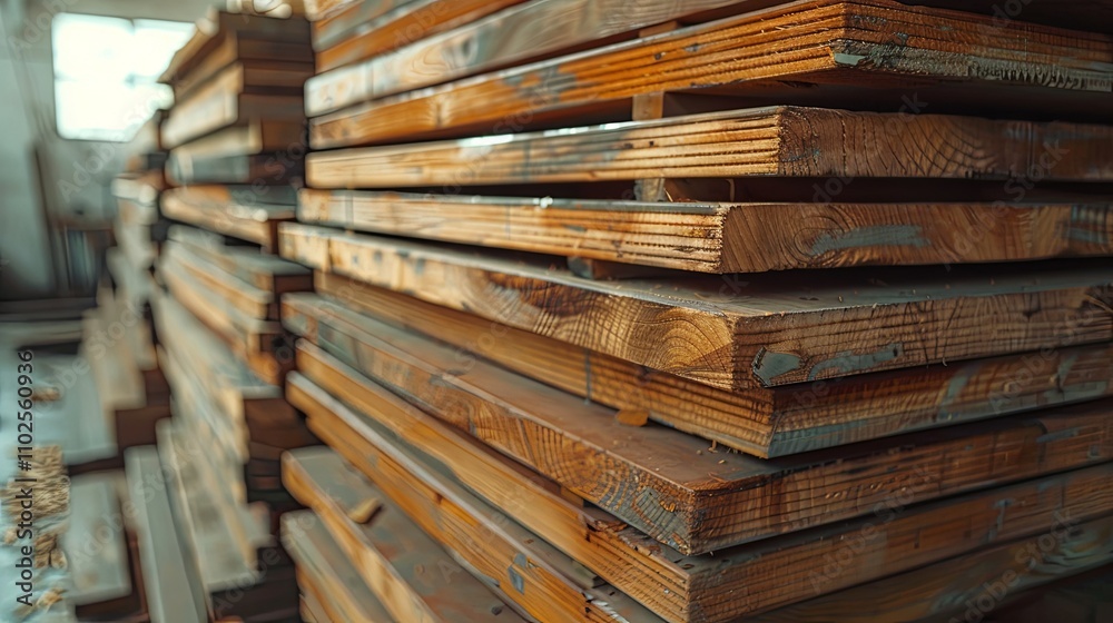 Stacked Wooden Planks in a Lumber Yard, Showing Texture and Grain Stacked Wooden Planks in a Lumber Yard, Showing Texture and Grain
