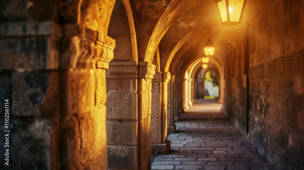 A warmly lit stone corridor framed by smooth arches, illuminated by hanging lanterns, evokes a sense of history and quiet elegance in this inviting and tranquil architectural scene. AI generated. A warmly lit stone corridor framed by smooth arches, illuminated by hanging lanterns, evokes a sense of history and quiet elegance in this inviting and tranquil architectural scene. AI generated.