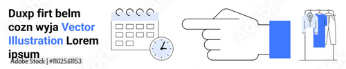 Hand pointing with icons of a calendar, clock, and clothing rack in the background. Ideal for business schedules, task management, retail planning, time management, project planning, organization
