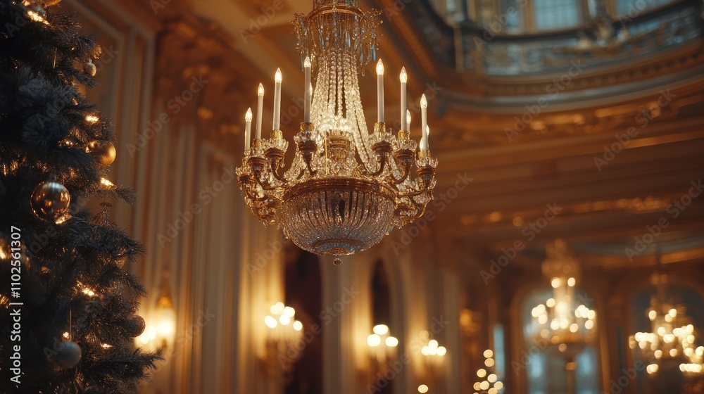 Fototapeta premium A grand chandelier illuminates an elegant room adorned for the holidays.