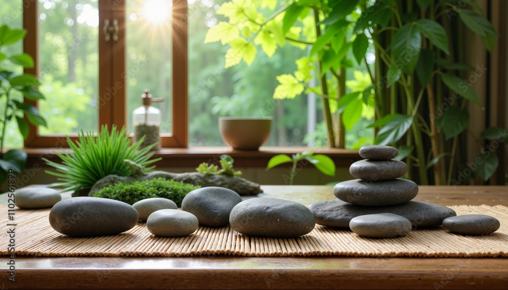 Zen stone arrangement with greenery on a bamboo mat Zen stone arrangement with greenery on a bamboo mat