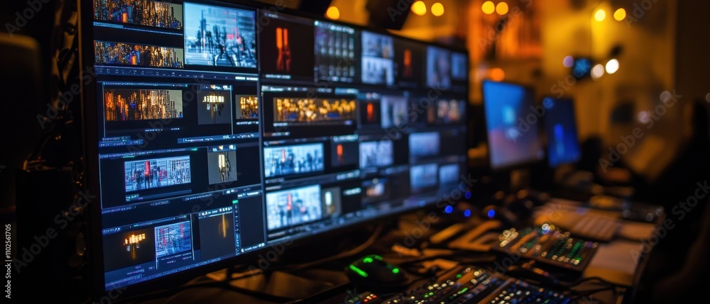 A control room with multiple screens displaying video feeds and editing software. A control room with multiple screens displaying video feeds and editing software.
