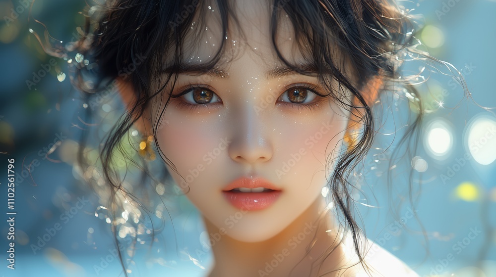 Soft Portrait of a Female with Natural Light Glowing through Hair, Highlighting Facial Features and Capturing a Calm Expression in a Dreamy Atmosphere Soft Portrait of a Female with Natural Light Glowing through Hair, Highlighting Facial Features and Capturing a Calm Expression in a Dreamy Atmosphere