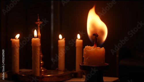 Burning candles in a dark room with vintage brass holder