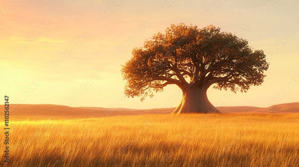 Obraz premium Golden savanna: A majestic baobab tree stands in the vast, golden savanna, illuminated by the soft light of the sunset, with gentle grass swaying in the breeze. 